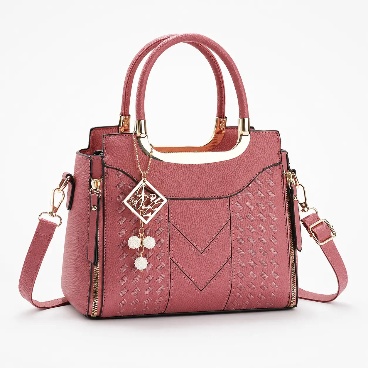 Velura – Structured Top Handle Satchel with Crossbody Strap, V-Stitch, Gold Hardware