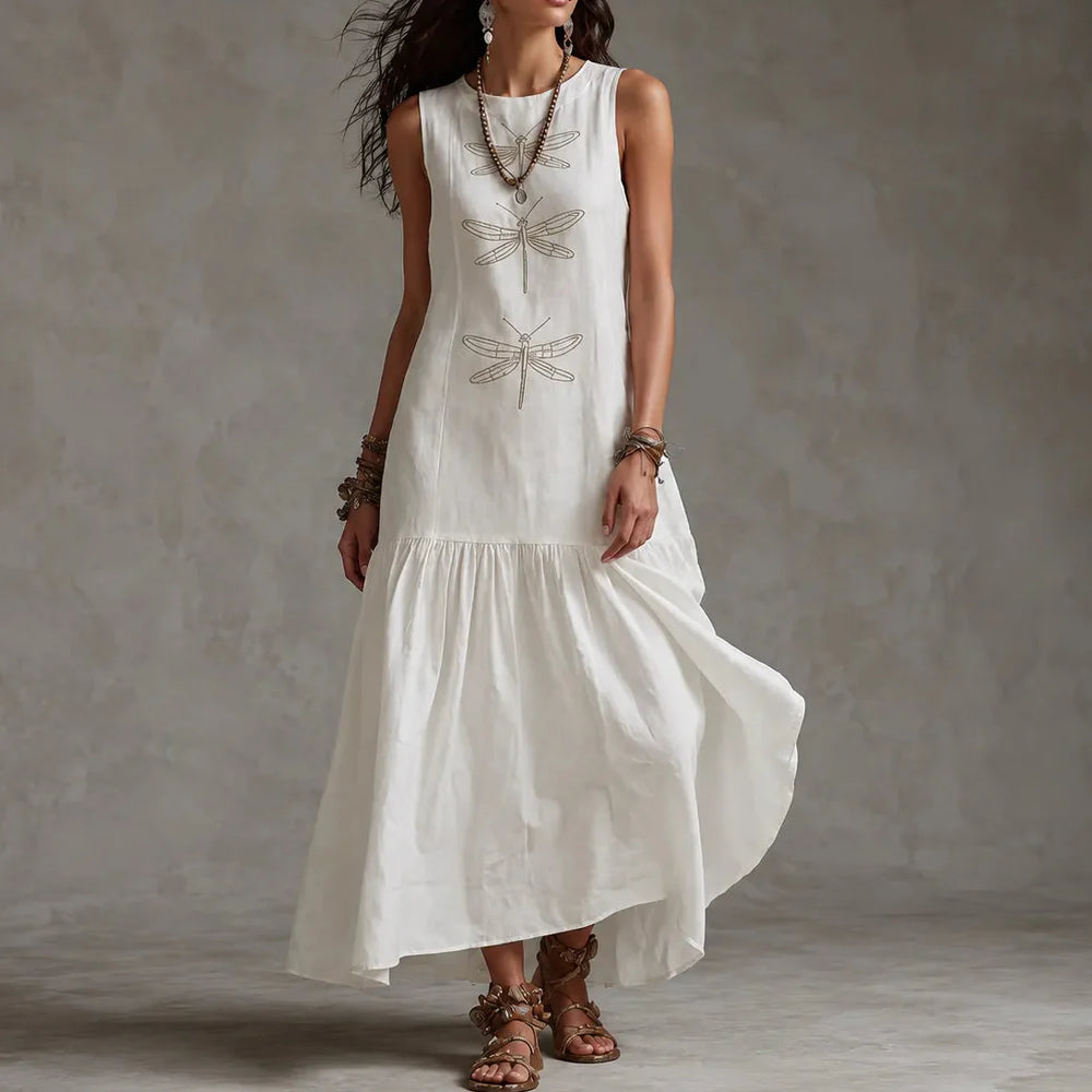 Solenne – Sleeveless Dragonfly Maxi Dress with Drop Waist