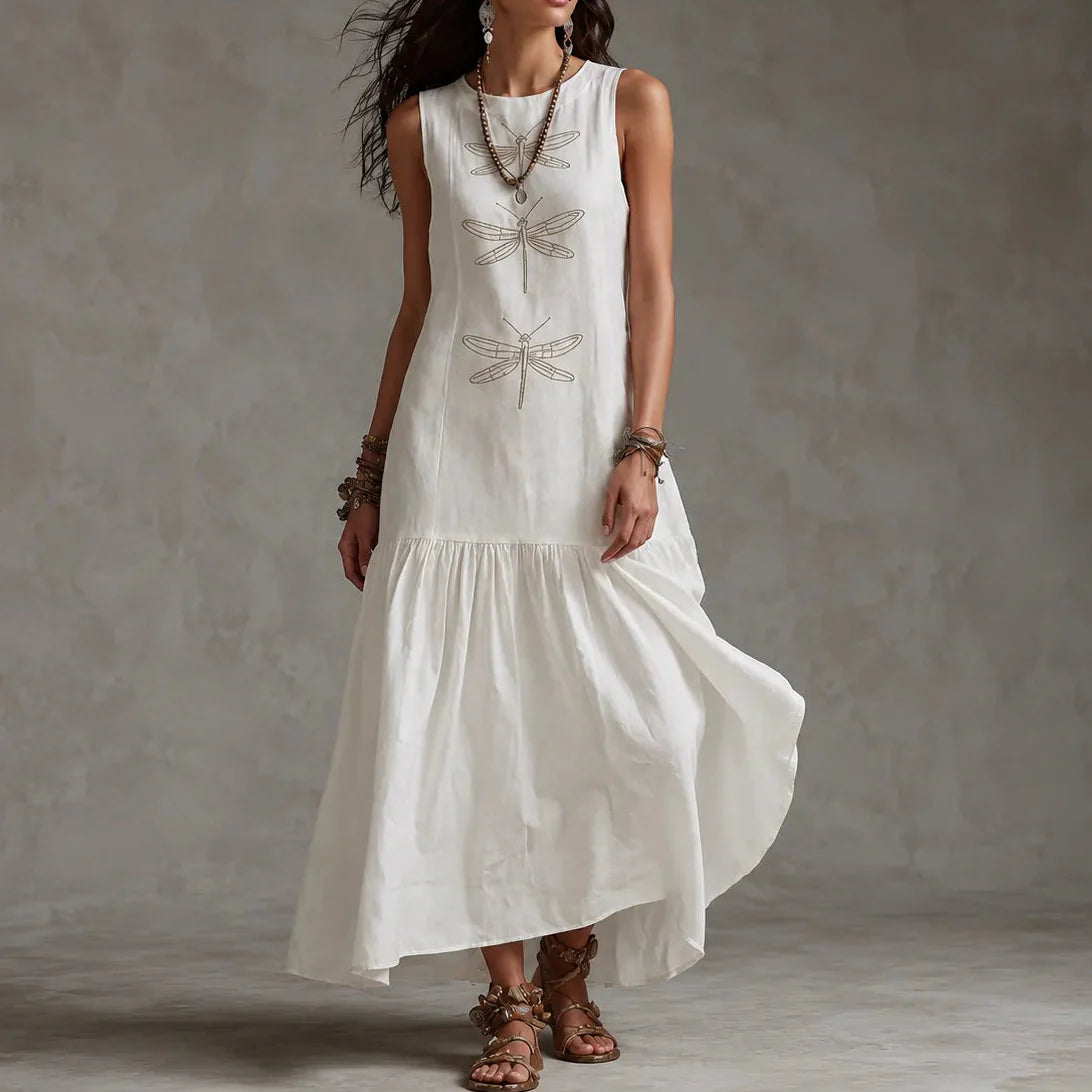 Solenne – Sleeveless Dragonfly Maxi Dress with Drop Waist