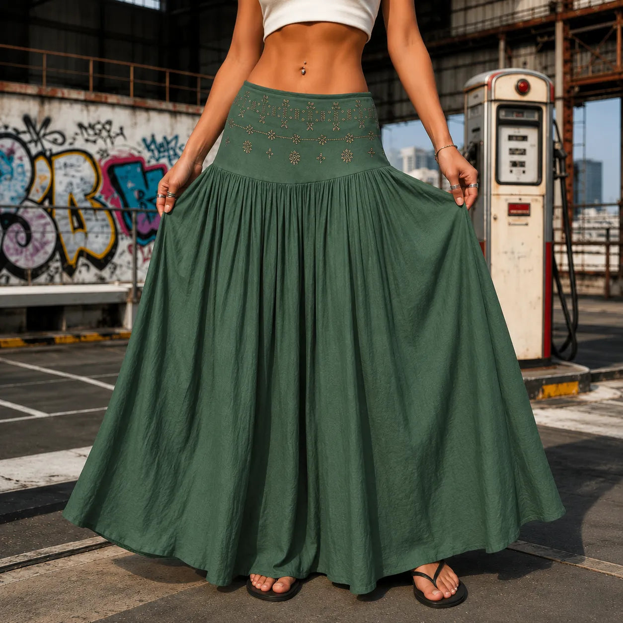 Soléra – High Waist A-Line Boho Maxi Skirt for Women