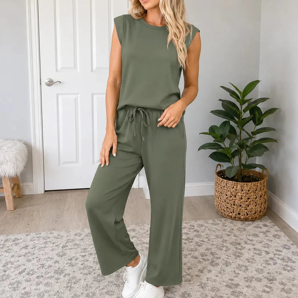 Lounella – Sleeveless Top & Wide-Leg Drawstring Pants 2-Piece Lounge Set