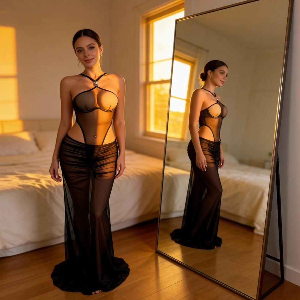 Velora – Sheer Mesh Bodysuit and Maxi Skirt Set