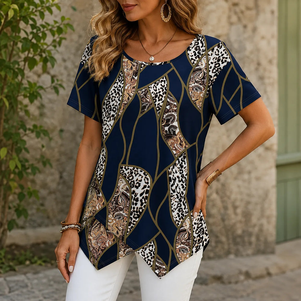 Velora – Asymmetric Hem Leopard Paisley Print Tunic Top