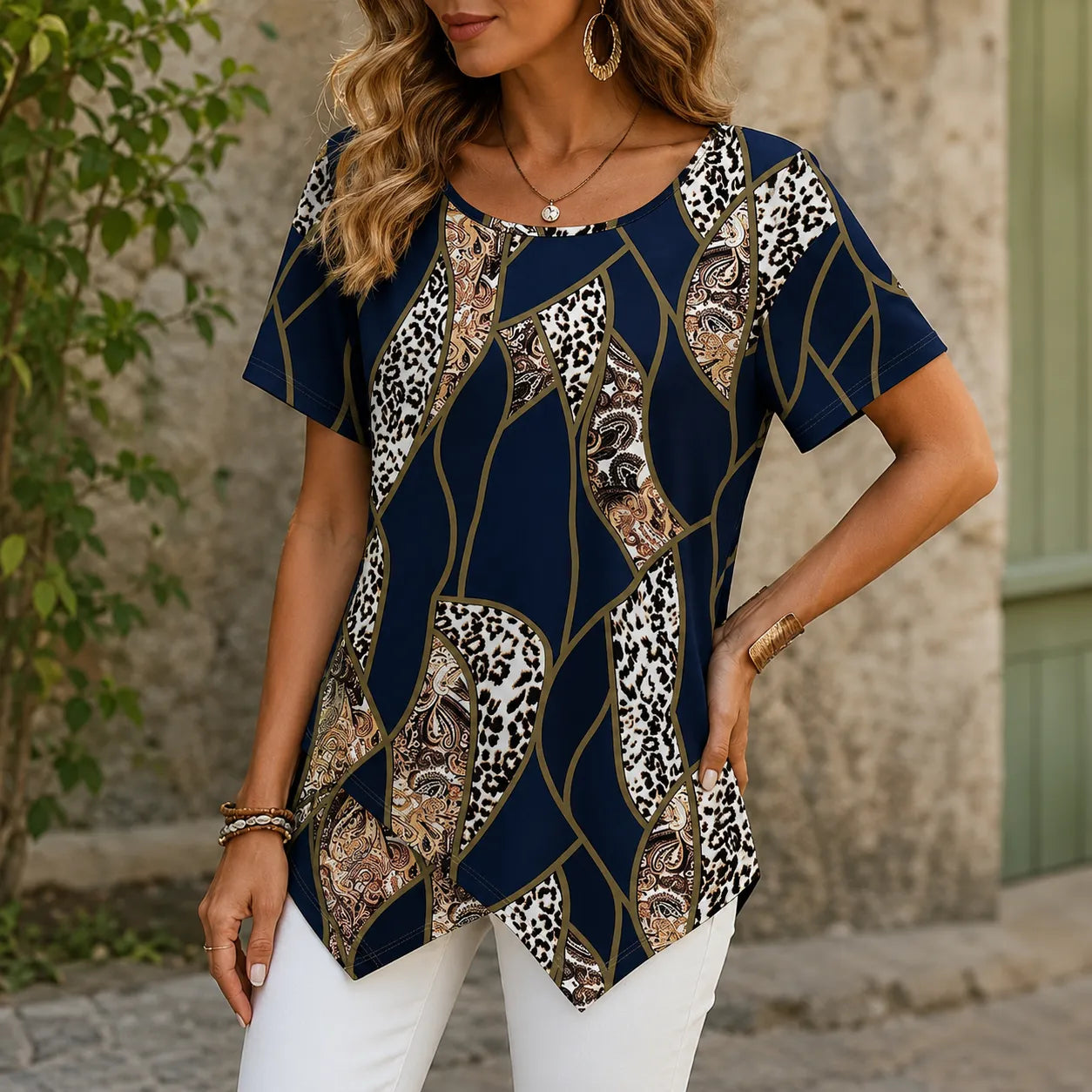 Velora – Asymmetric Hem Leopard Paisley Print Tunic Top