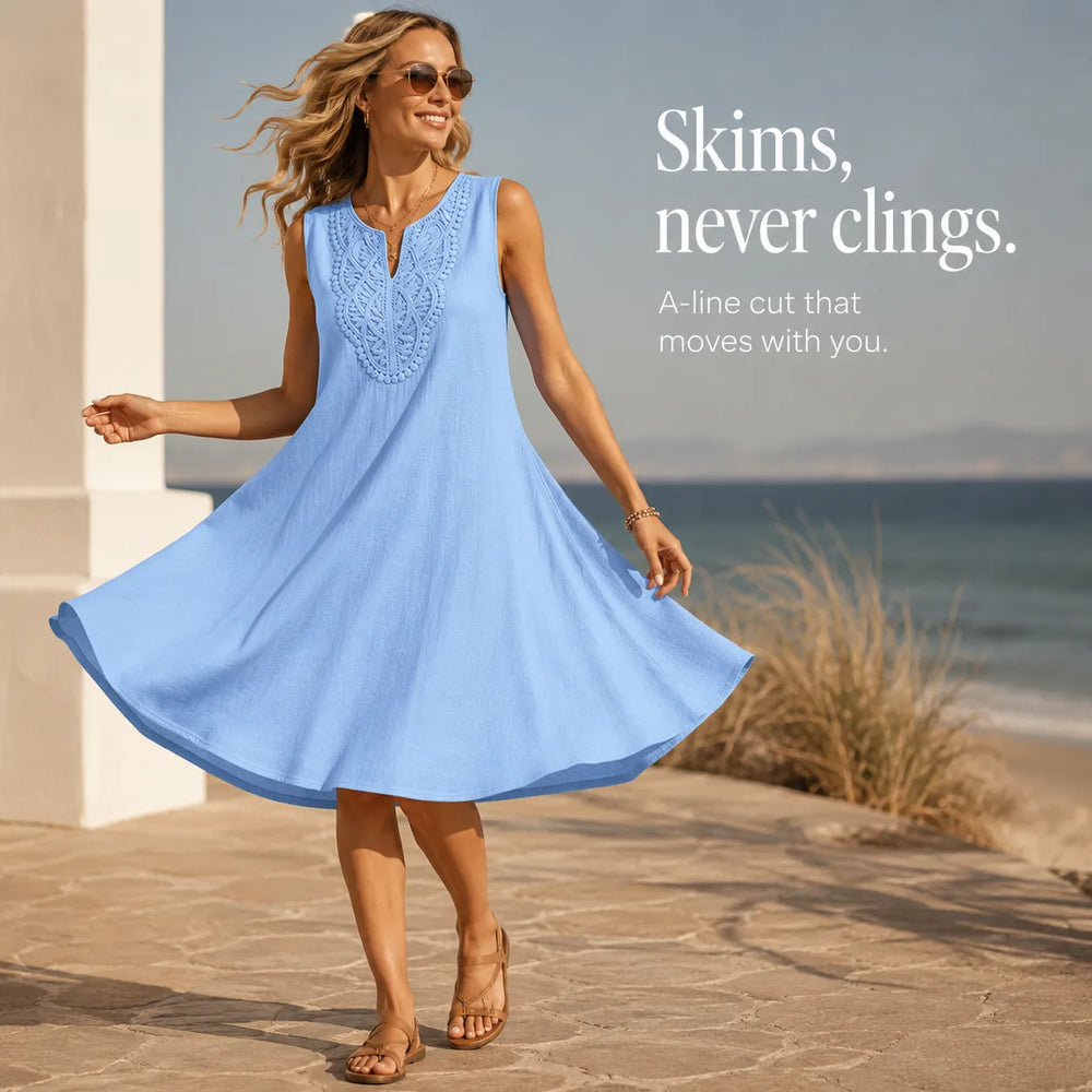 Solenne – Lace Trim V-Neck Linen-Look Summer Shift Dress