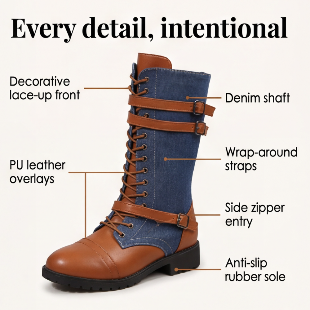 Denara - Denim and Leather Mid-Calf Riding Boots
