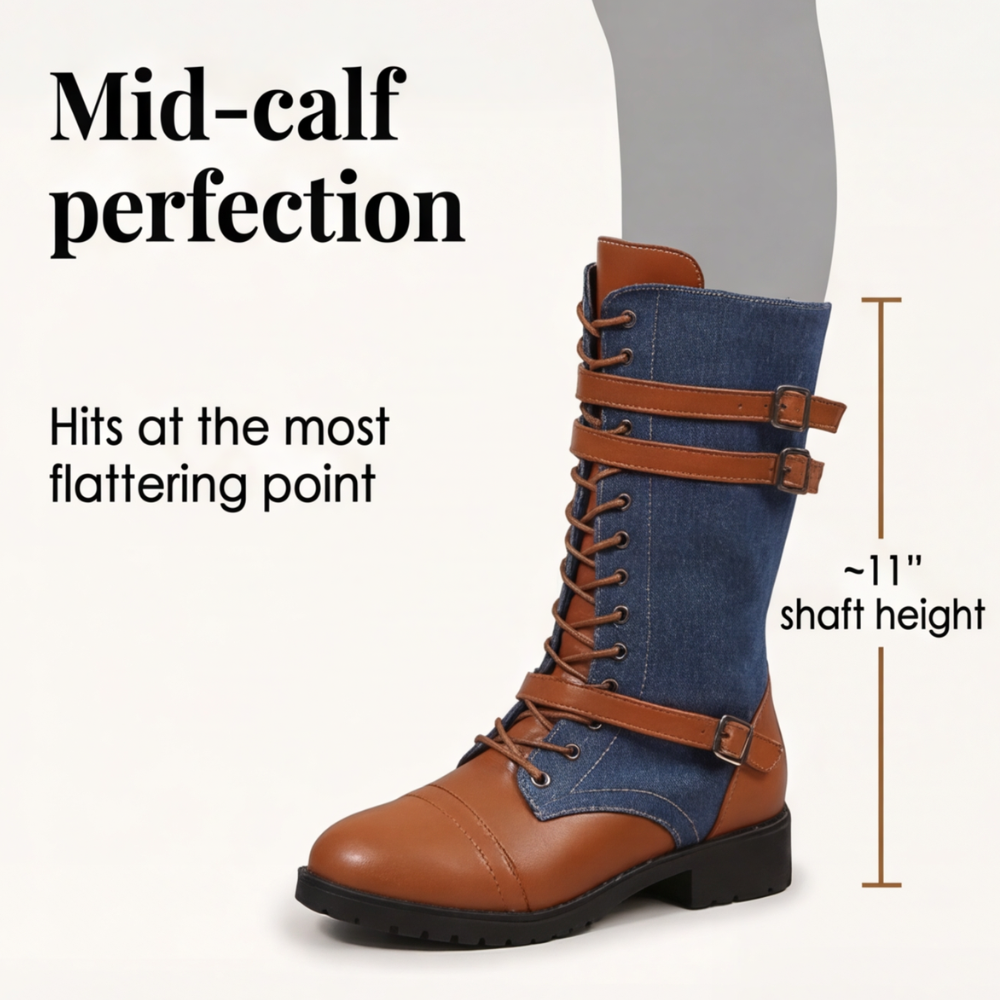 Denara - Denim and Leather Mid-Calf Riding Boots