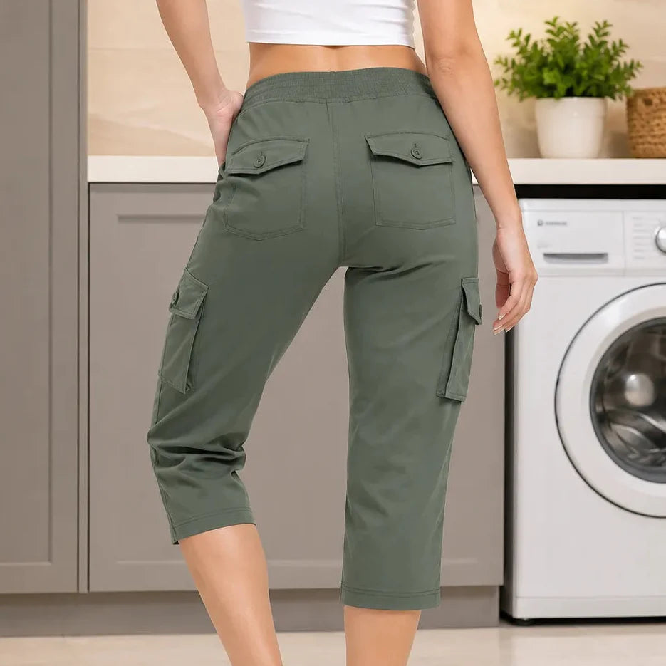 Wearwell – Stretchy Cargo Capris with Drawstring Waist and Multiple Pockets