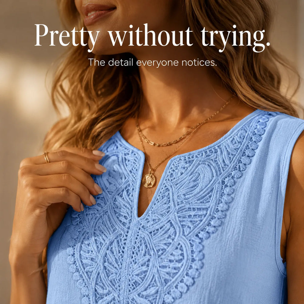 Solenne – Lace Trim V-Neck Linen-Look Summer Shift Dress