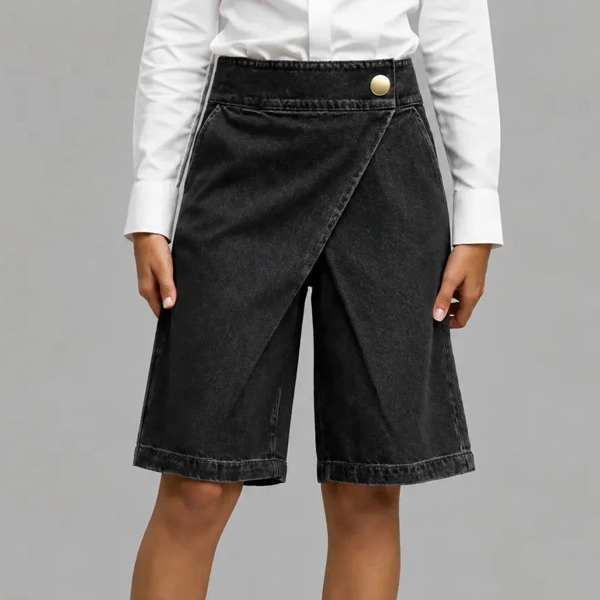 Velara – Asymmetric Wrap-Front Knee-Length Denim Look Bermuda Shorts