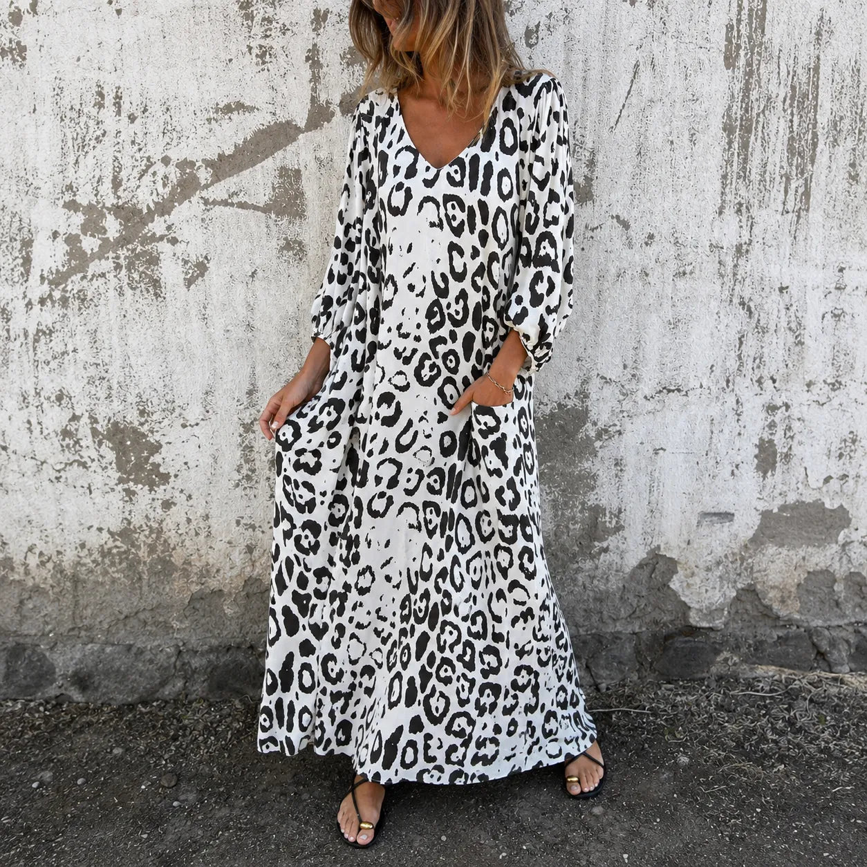 Lunavia – Leopard Print V-Neck Maxi Dress with Pockets, Loose Kaftan Fit, 4 Colors