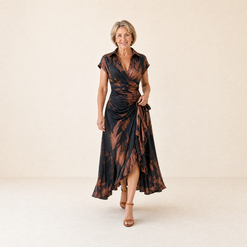 Abstract Print Wrap Midi Dress | Brown Black Collared V Neck Short Sleeve Tie Waist Ruffled High‑Low Hem Dress