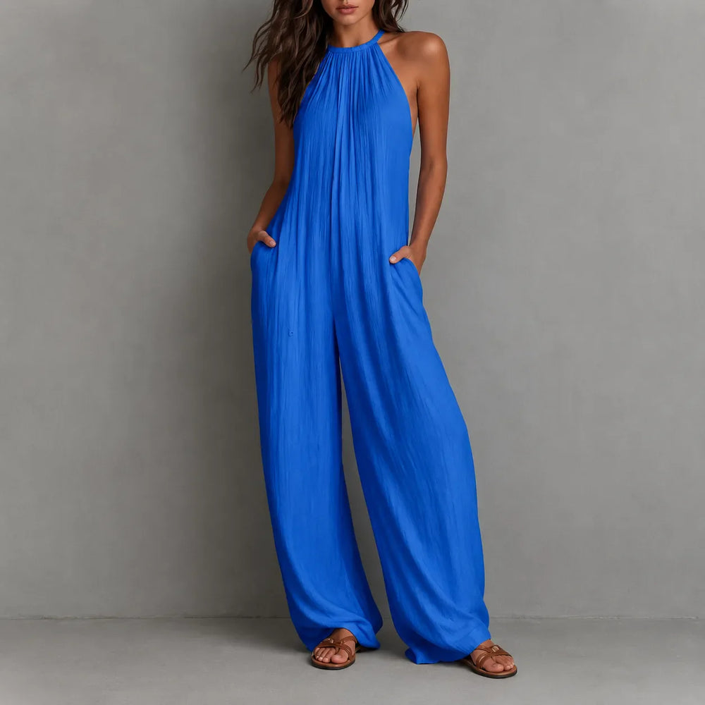 Drevana – Halter Wide-Leg Jumpsuit with Deep Pockets, Flowy Drape