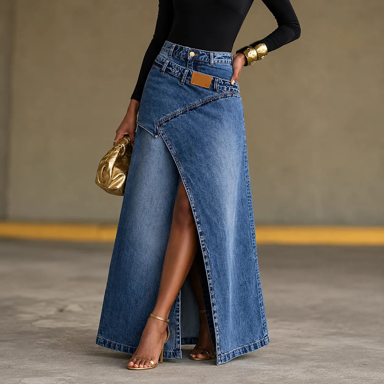 Saviera – Asymmetric Layered Denim Maxi Skirt with High Front Slit