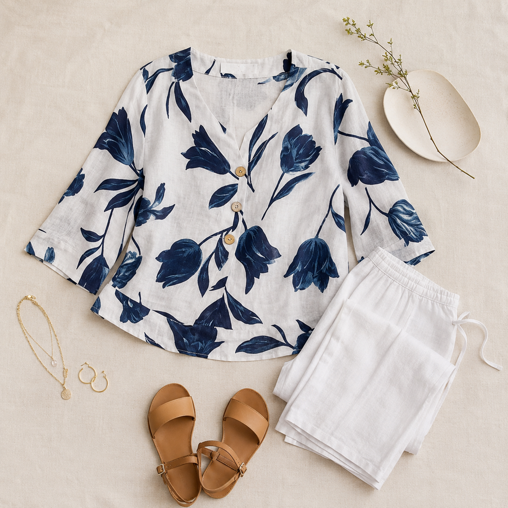 Florelle – Floral Linen V-Neck Popover Blouse with 3/4 Sleeves