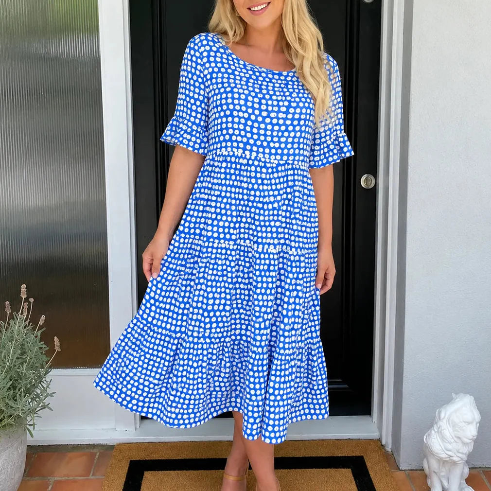Soleluna – Tiered Polka Dot Midi Dress with Ruffle Sleeves