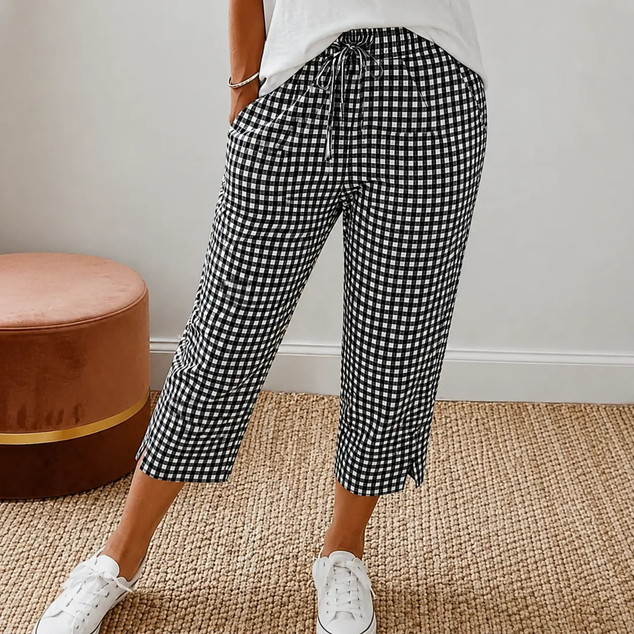 Sunavea – Women's Gingham Drawstring Capri Pants for Summer