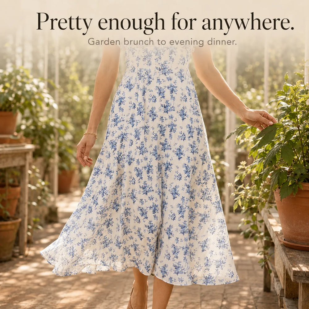 Maevra – Floral Midi Dress with Tie-Front Square Neckline