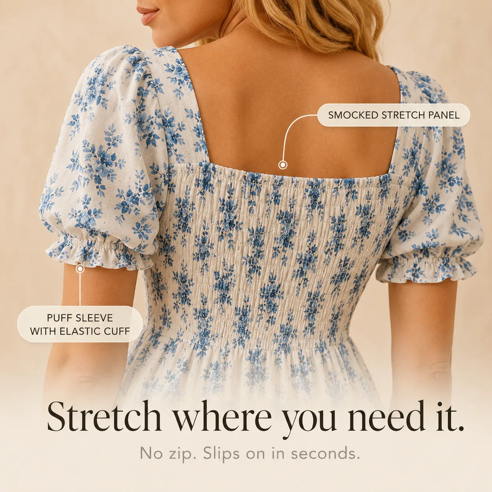 Maevra – Floral Midi Dress with Tie-Front Square Neckline