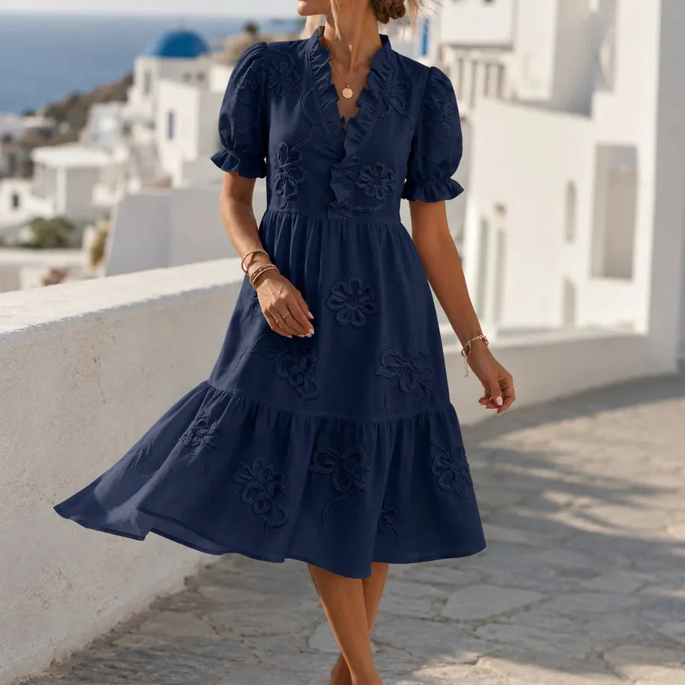 Soliera – Floral Puff Sleeve Midi Dress with Ruffle V-Neck
