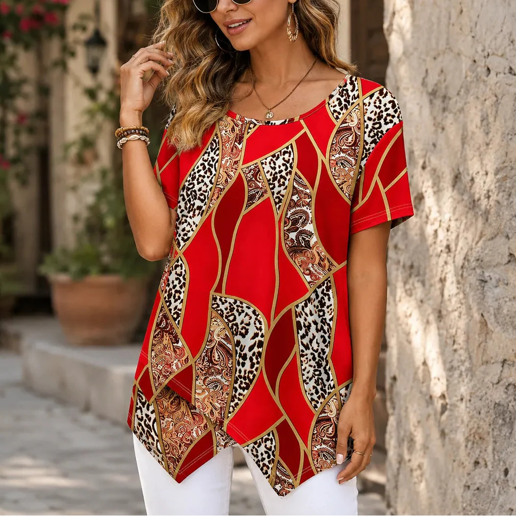 Velora – Asymmetric Hem Leopard Paisley Print Tunic Top
