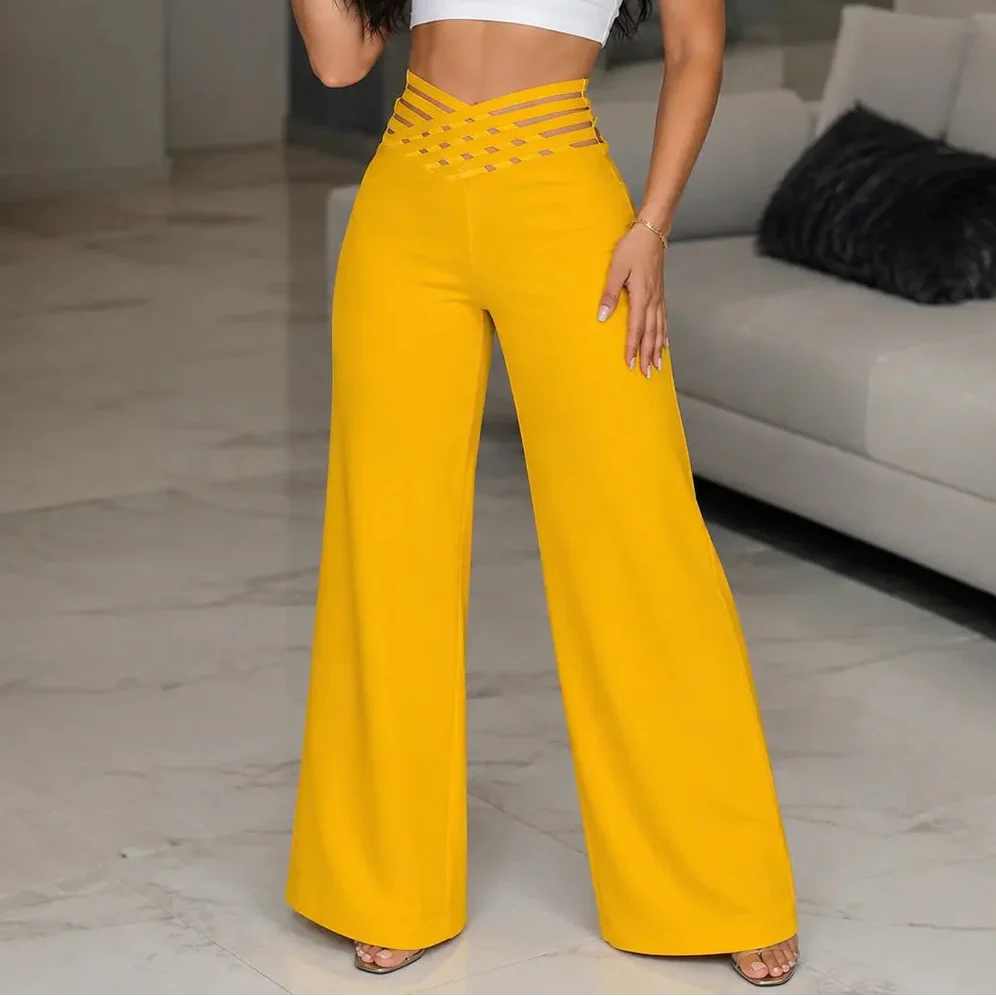 Vélane – High-Waisted Wide-Leg Pants with Cross-Strap V-Waist