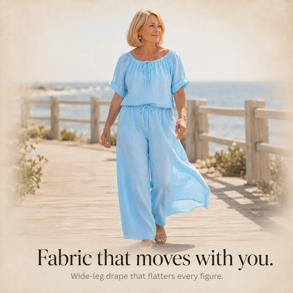 Soléne – Off-Shoulder Drawstring Top & Wide-Leg Pants 2-Piece Set