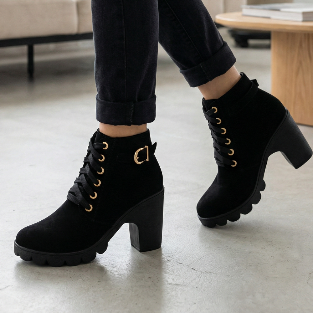 Strovia - Chunky Heel Ankle Boots with Fur Lining