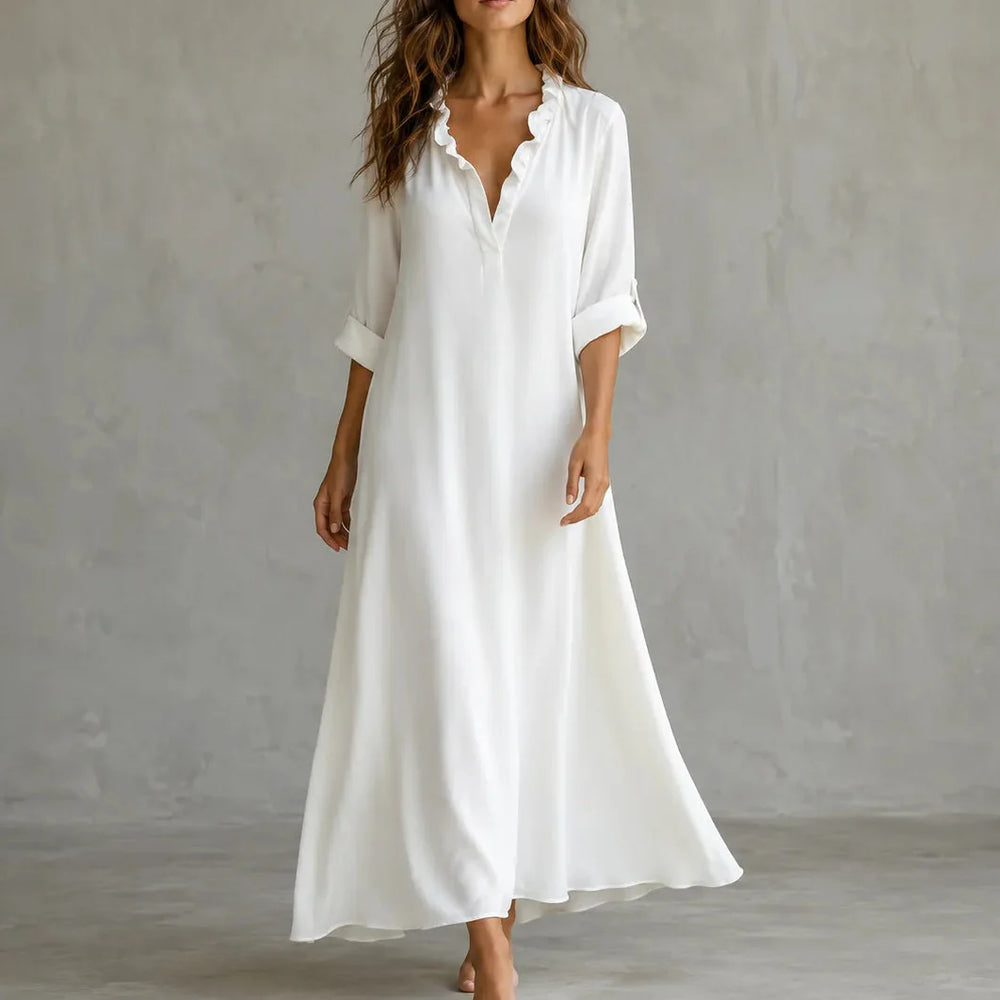 Soléra – Boho Ruffle V-Neck Maxi Dress with Roll-Up Sleeves