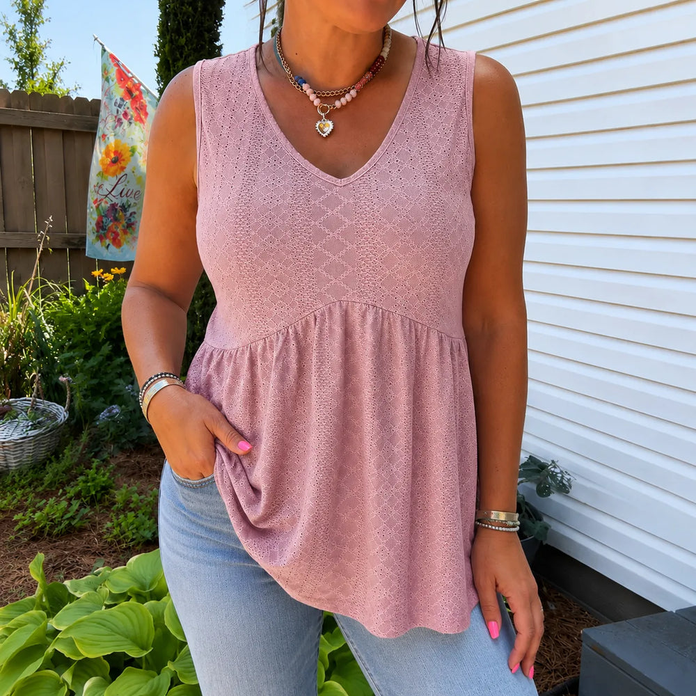 Florelle – Eyelet Peplum V-Neck Tank Top for Women, Flowy Sleeveless Summer Top