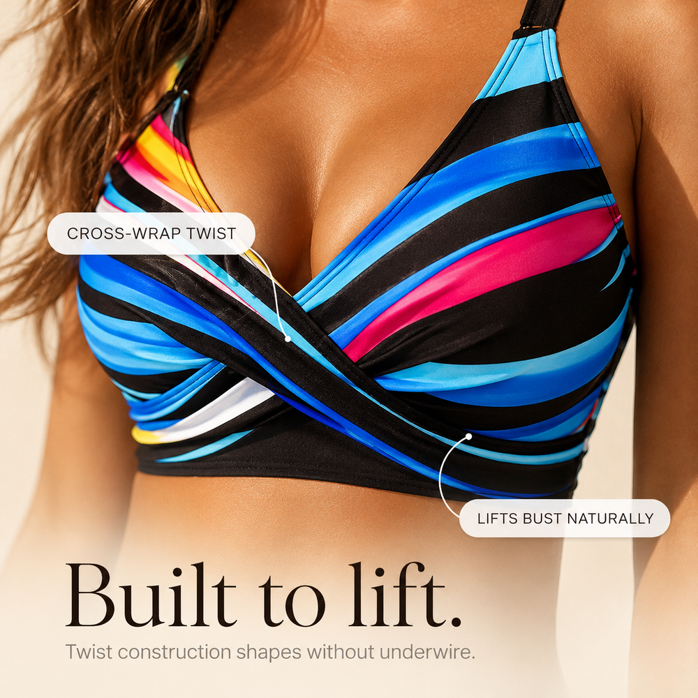 Solina – Twist-Front Striped Bikini Set with High-Waist Ruched Skirt Bottom