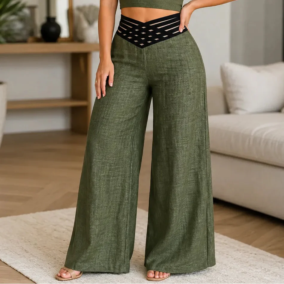 Vélane – High-Waisted Wide-Leg Pants with Cross-Strap V-Waist