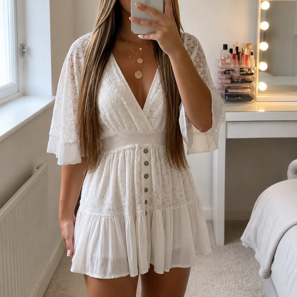 Lunavia – Lace Boho Mini Dress with Flutter Sleeves
