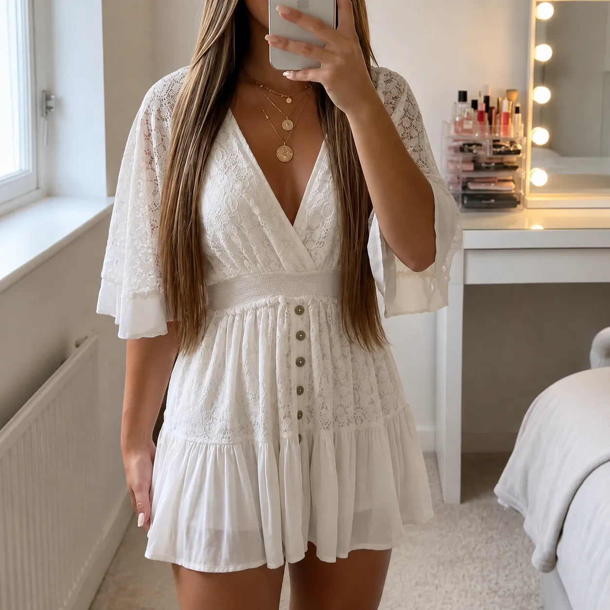 Lunavia – Lace Boho Mini Dress with Flutter Sleeves