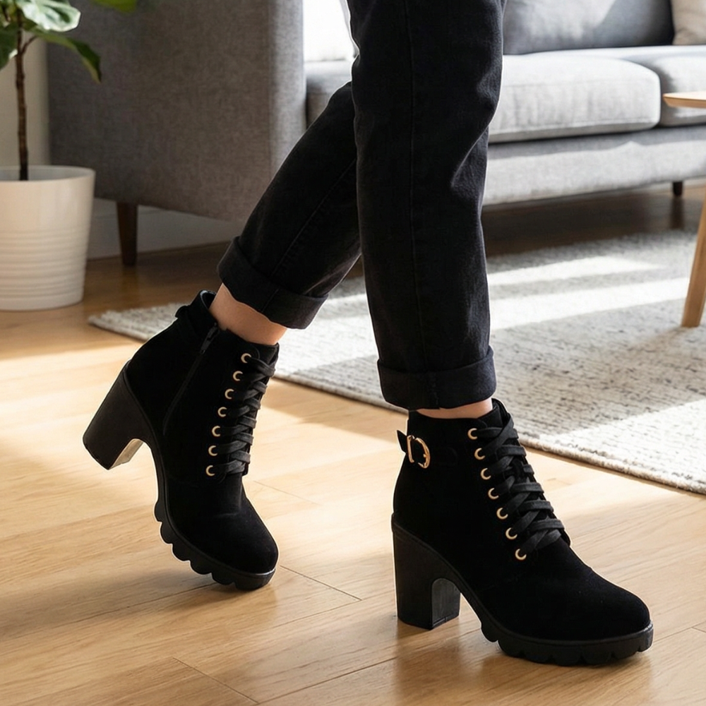 Strovia - Chunky Heel Ankle Boots with Fur Lining
