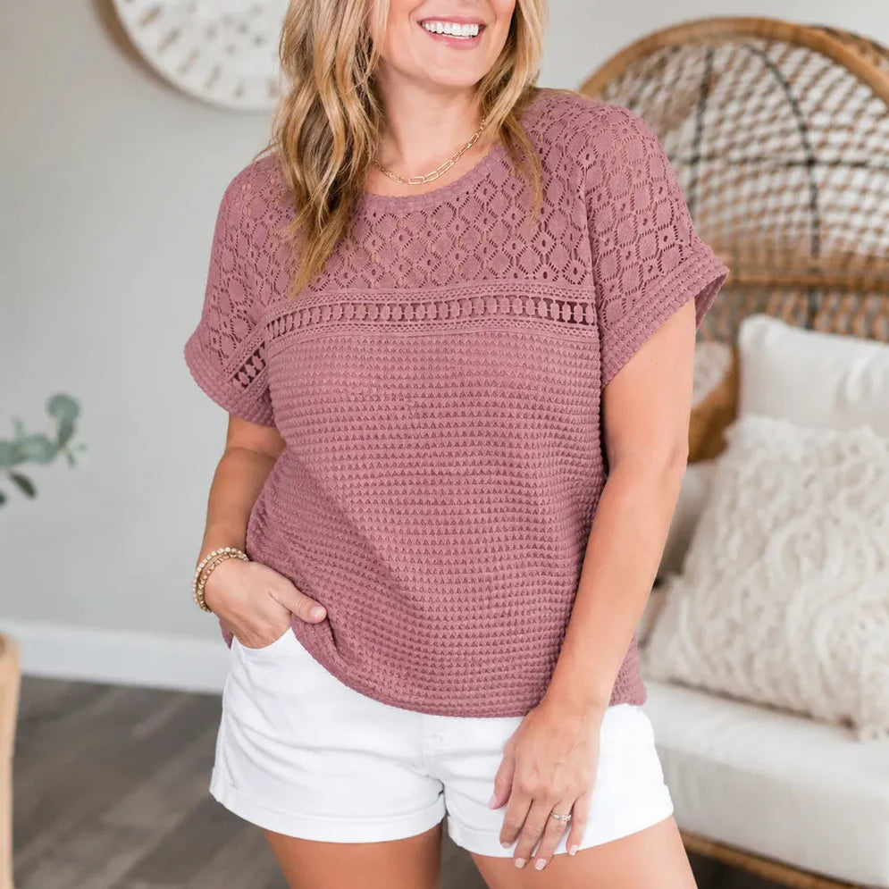 Wearbella – Open Knit Short Sleeve Top, Waffle Texture Spring Summer Blouse for Women
