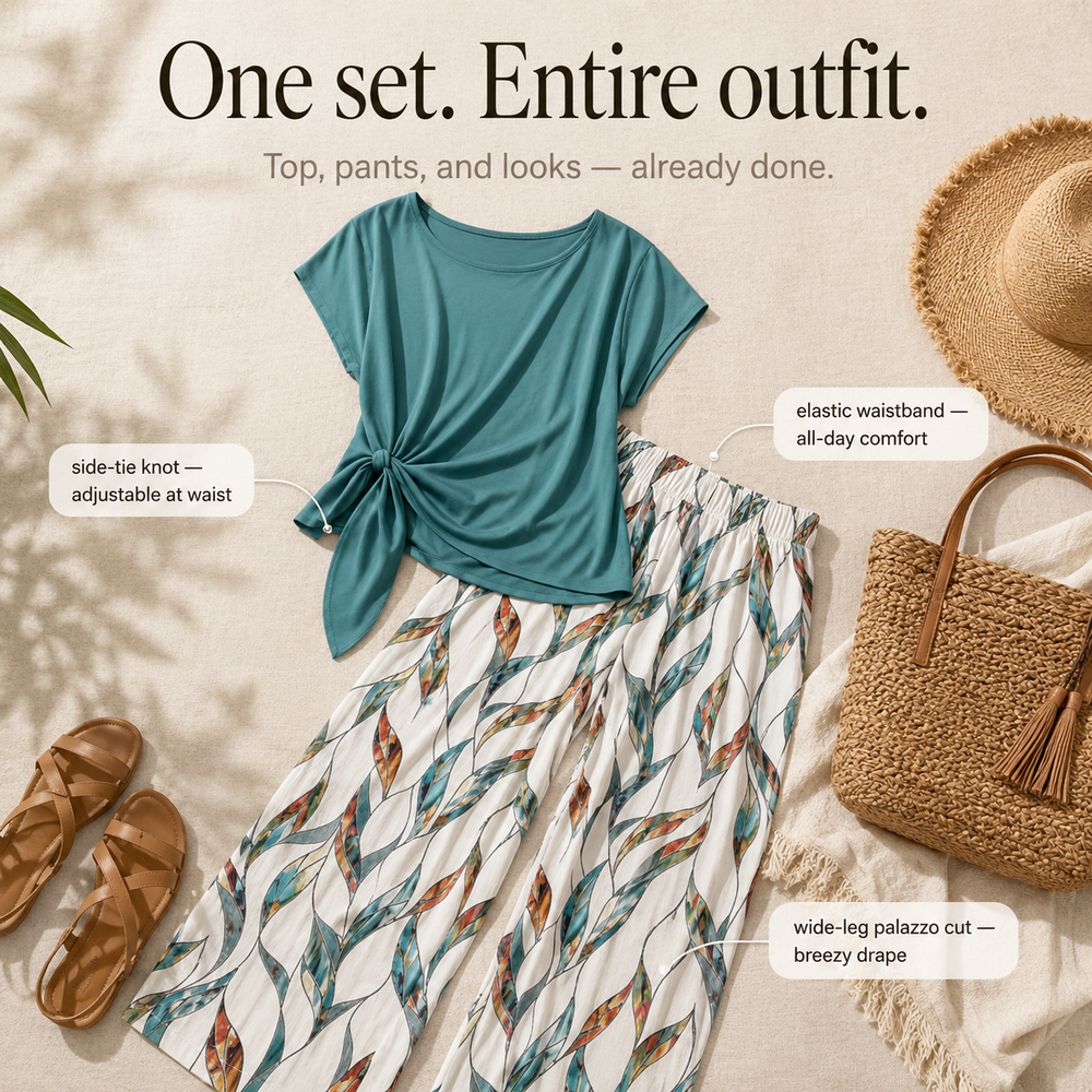 Lunaria™ – Women's Side-Tie Top & Wide-Leg Leaf-Print Pants Set