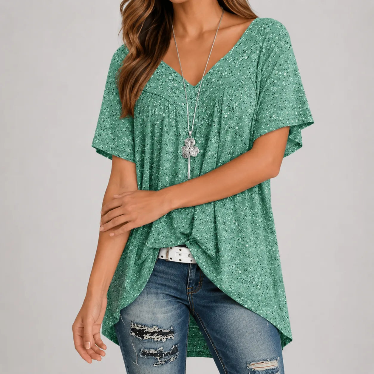 Florenza – Floral V-neck Short Sleeve Tunic Top for Women