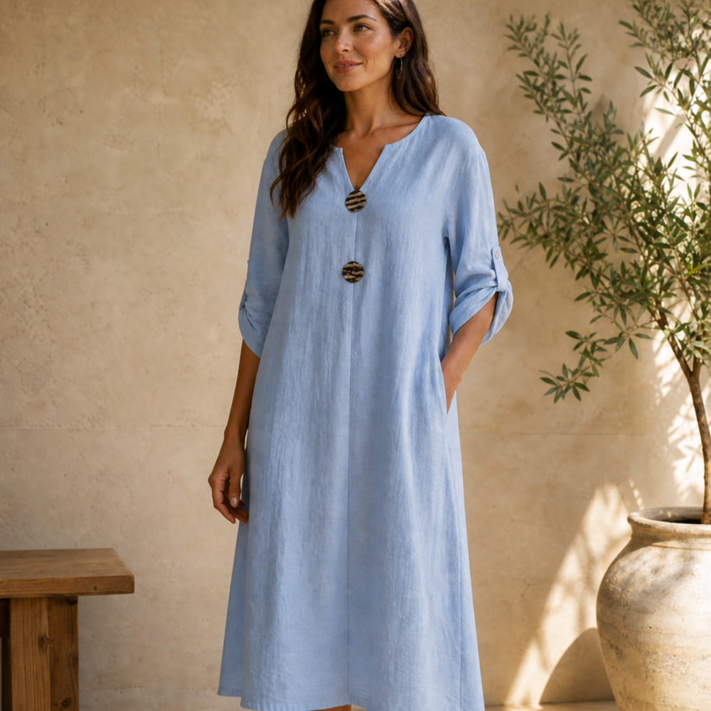 Soléma™ – Flowy V-Neck Midi Dress with Wooden Buttons