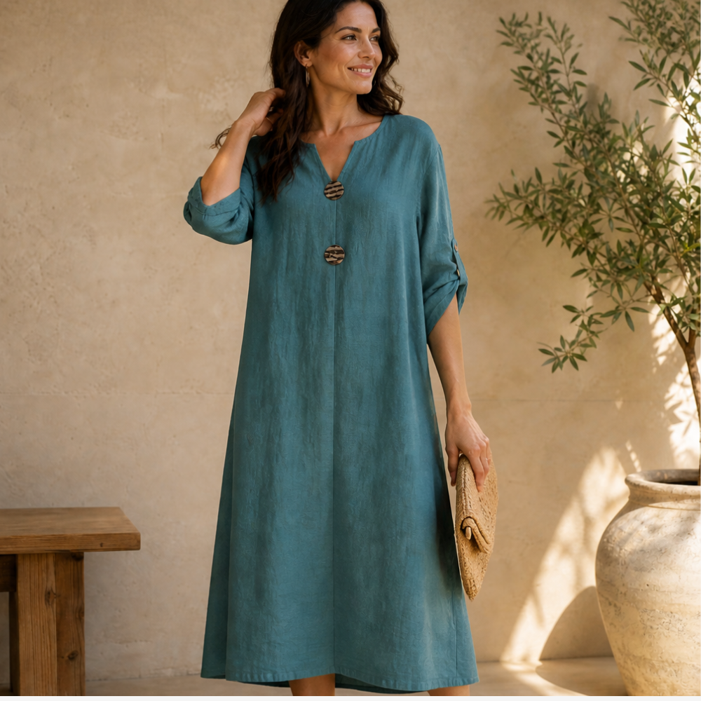 Soléma™ – Flowy V-Neck Midi Dress with Wooden Buttons