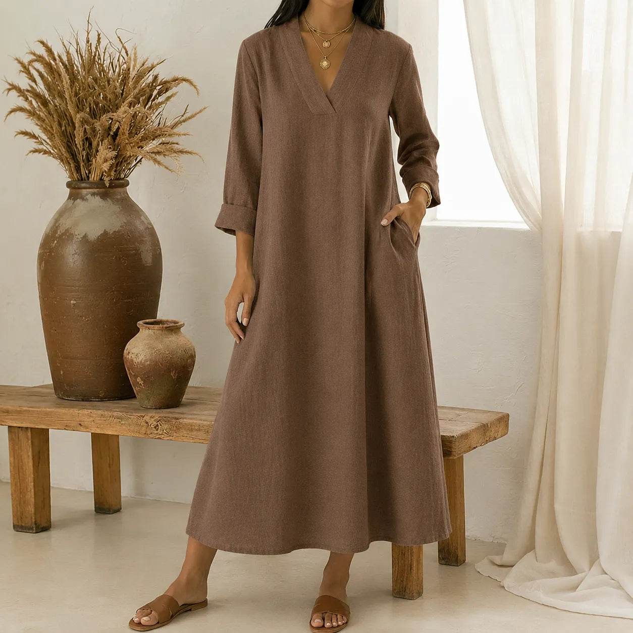 Lunara – Linen-Look V-Neck A-Line Maxi Dress with Pockets