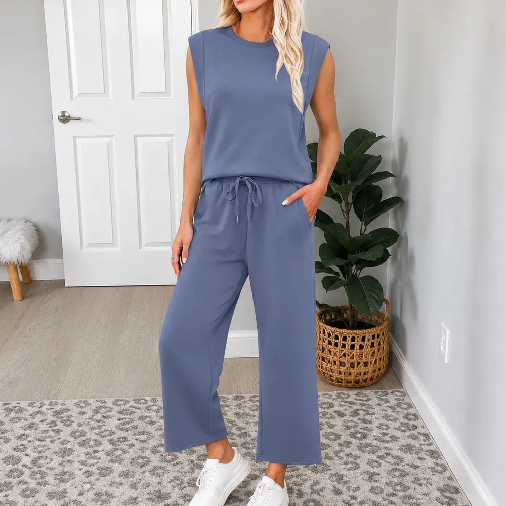 Lounella – Sleeveless Top & Wide-Leg Drawstring Pants 2-Piece Lounge Set