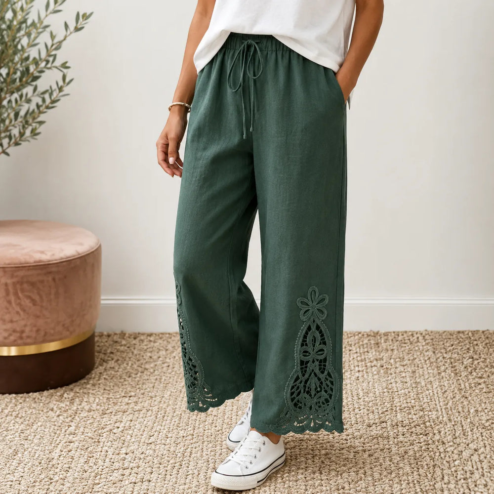 Solenne – Women's Wide Leg Drawstring Pants with Floral Cutwork Hem