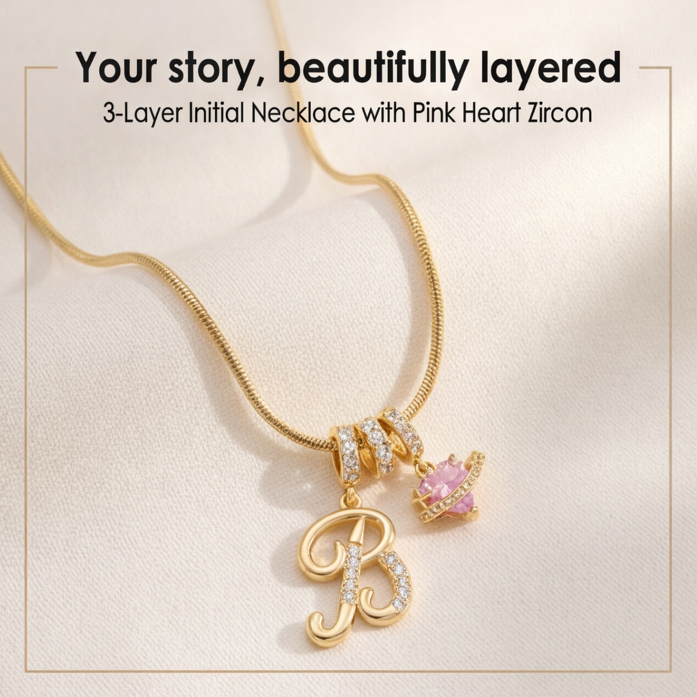 LUMARA – 3-Layer Initial Necklace with Pink Heart Zircon