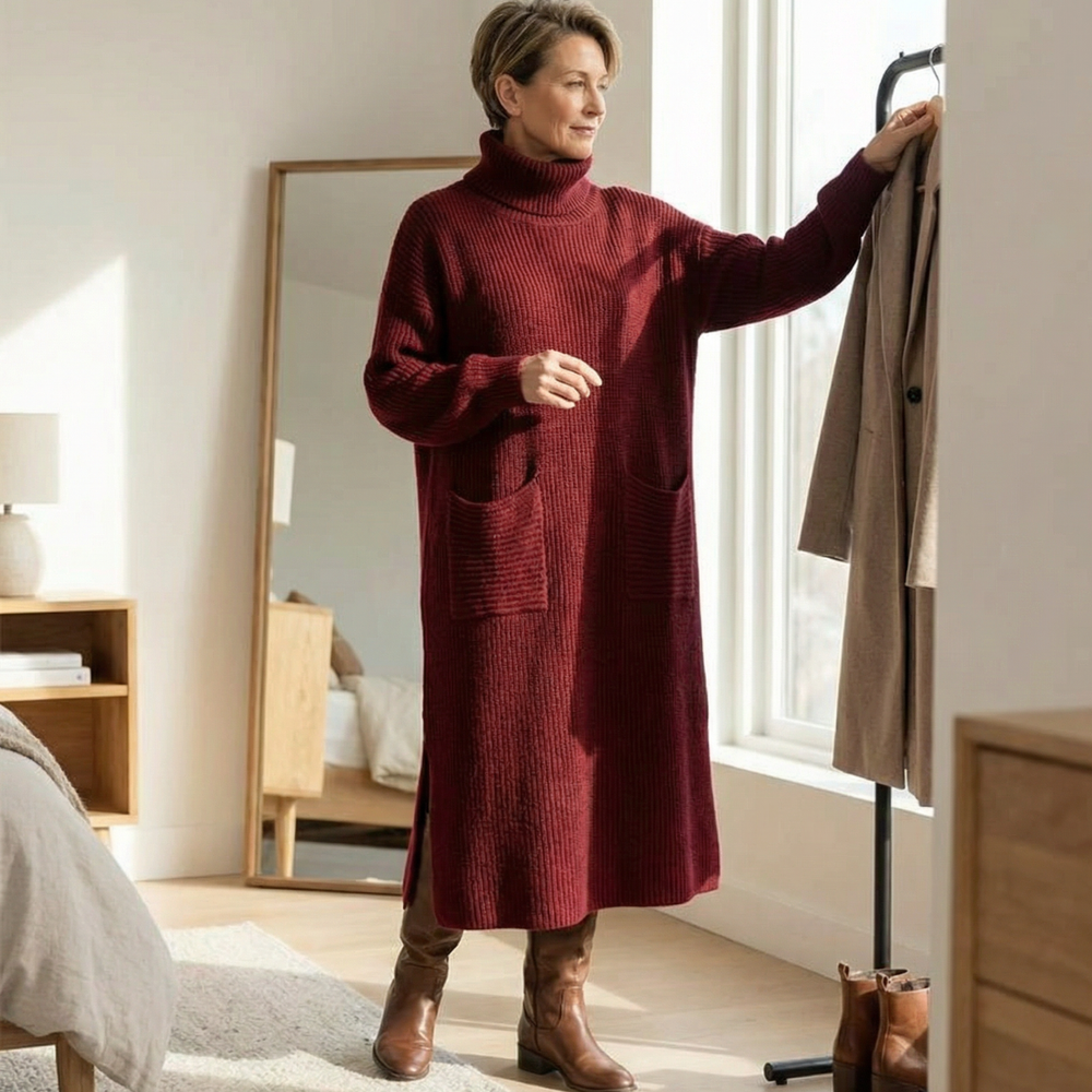 Velara – Women's Relaxed Turtleneck Sweater Dress with Pockets