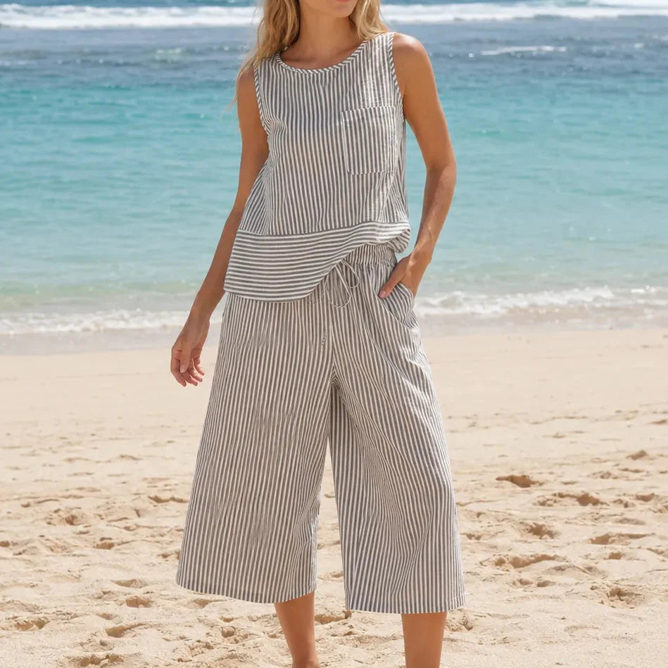 Solenne – Striped Wide Leg Two Piece Summer Set for Women