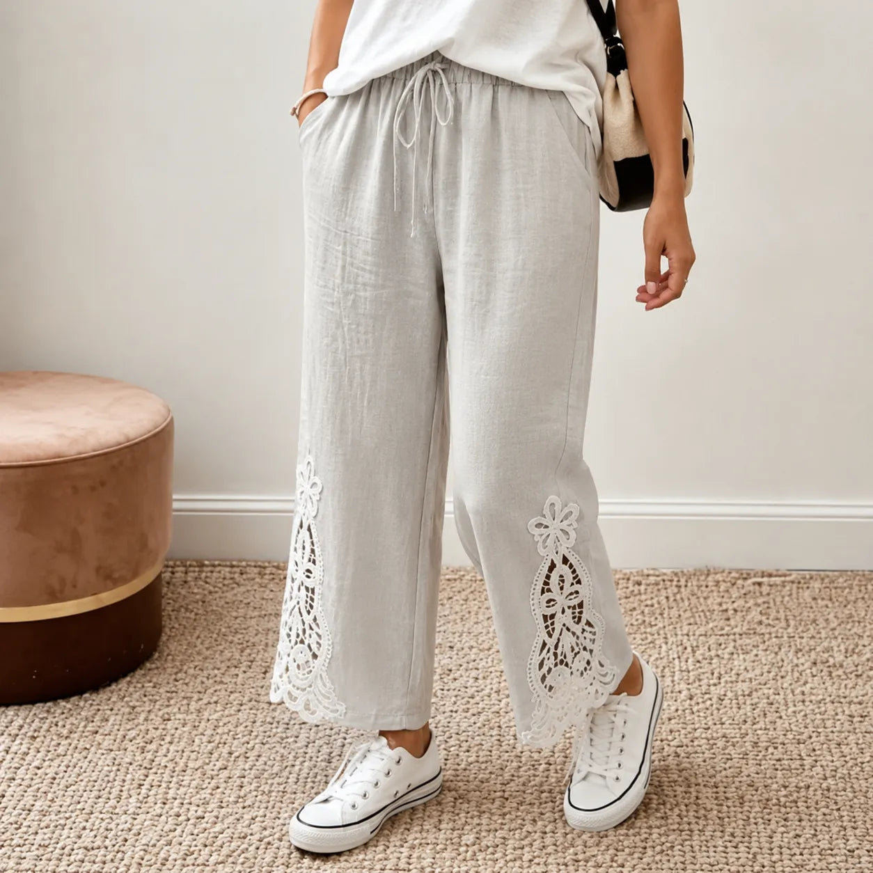Solenne – Women's Wide Leg Drawstring Pants with Floral Cutwork Hem