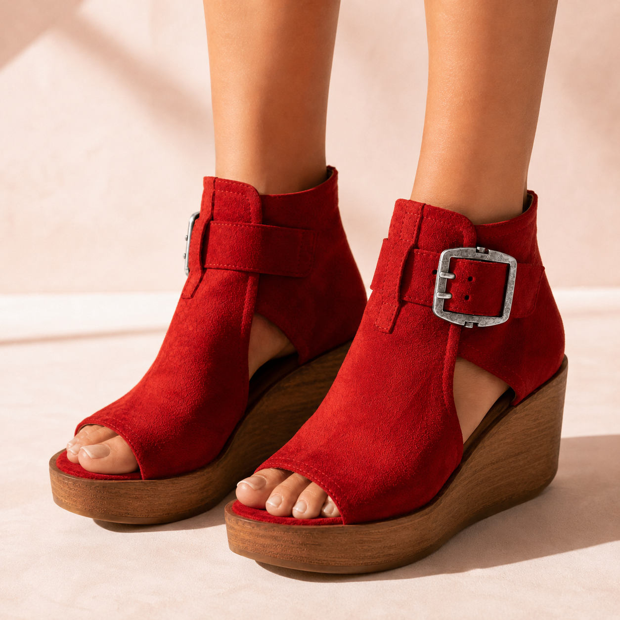 Elsera – Peep-Toe Platform Wedges with Buckle Detail