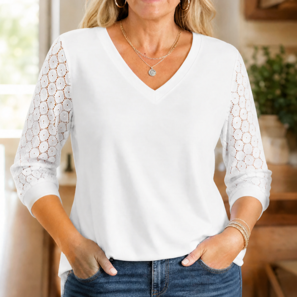 Lumeya™ – Crochet Lace Sleeve V-Neck Top