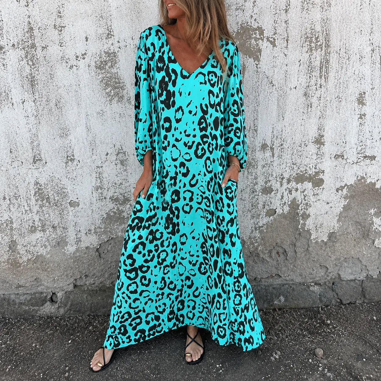 Lunavia – Leopard Print V-Neck Maxi Dress with Pockets, Loose Kaftan Fit, 4 Colors